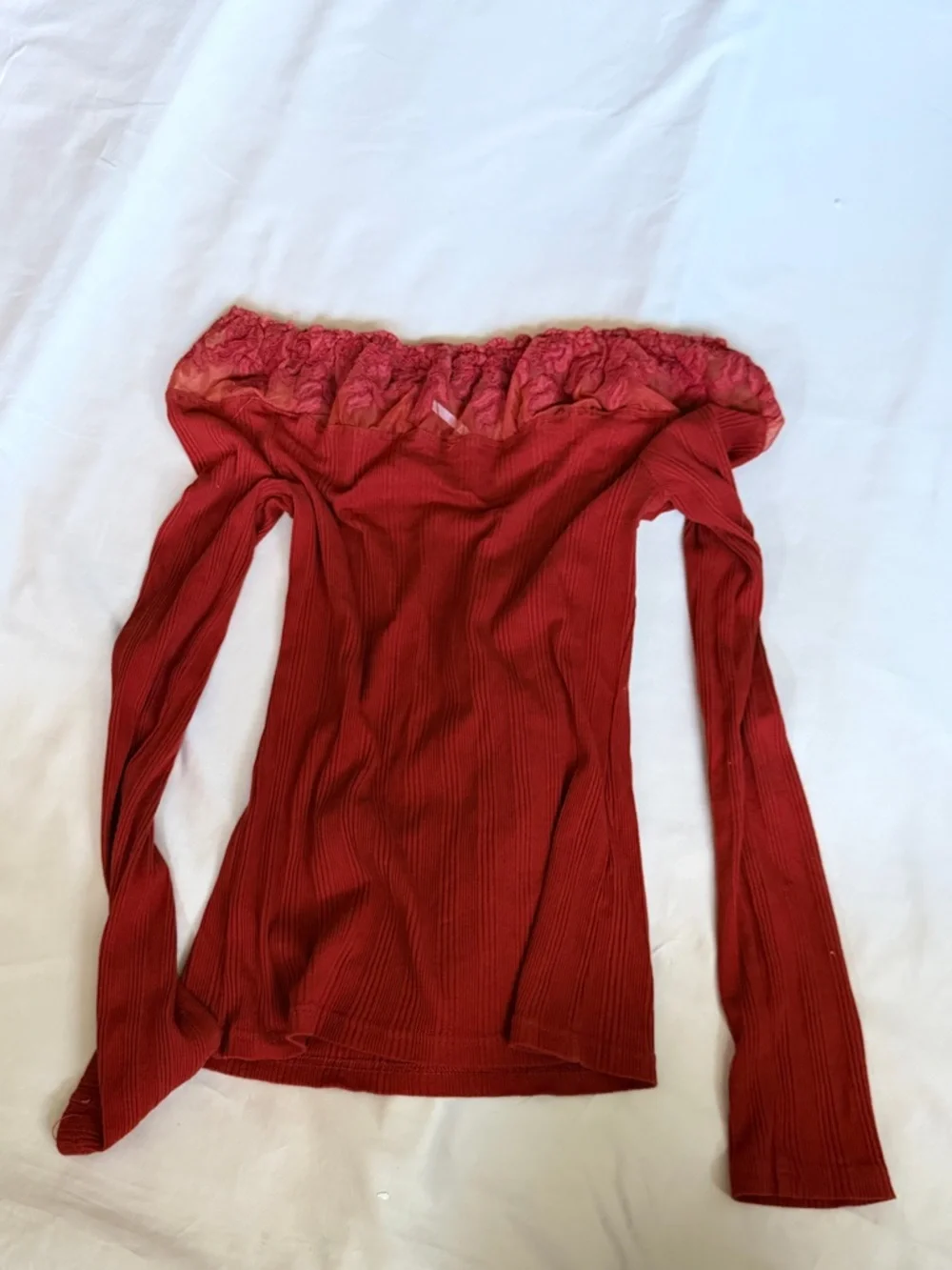 Free People Ribbed Off Shoulder Top Lace Trim Fitted‎ Going Out Rust Red M Boho